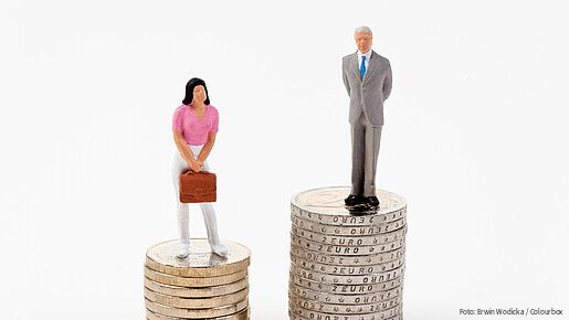 Das Foto zeigt eine männliche und eine weibliche Figur, die auf Münzstapeln stehen. Der Stapel der männlichen Figur ist deutlich höher.