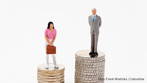 Das Foto zeigt eine männliche und eine weibliche Figur, die auf Münzstapeln stehen. Der Stapel der männlichen Figur ist deutlich höher.