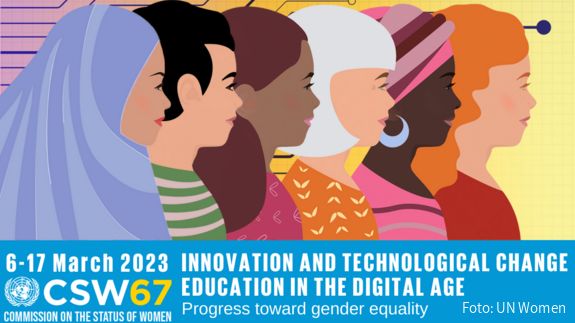 UN-Frauenrechtskommission 2023 Logo-Banner der UN-Frauenrechtskommission 2023 - ein bunte Grafik mit Frauen aus verschiedenen Kulturkreisen