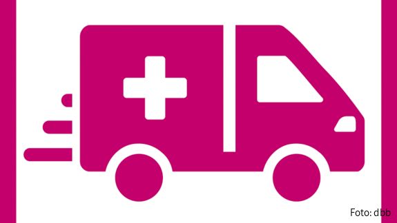 Zu sehen ist ein Piktogramm, das einen Rettungswagen zeigt. Darunter der Schriftzug "Rettungsdienst".