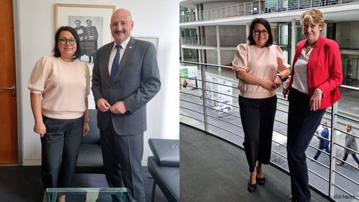 Milanie Kreutz mit Bernd Rützel und Ulrike Bahr