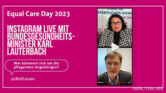 Grafik zum Instagram-Live der dbb frauen mit Bundesgesundheitsminister Karl Lauterbach und dbb frauen Chefin Milanie Kreutz anlässlich des Equal Care Day am 1. März 2023